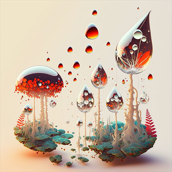 Des gouttes d'huile essentielle en suspension dans l'air, comme des particules de magie, tandis qu'elles combattent les champignons microscopiques, le style serait inspiré par les illustrations de Hayao Miyazaki et Mary Blair