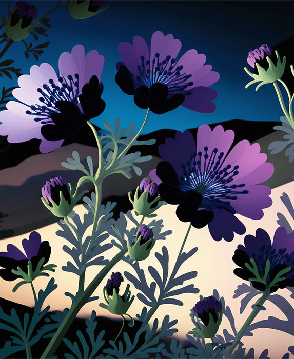 Nigella sativa, beauté naturelle, effet de peau nourrie, style de dessin animé, inspiration de Mary Blair, lumière colorée, ombre légère, composition en paysage, contraste de couleur vif.