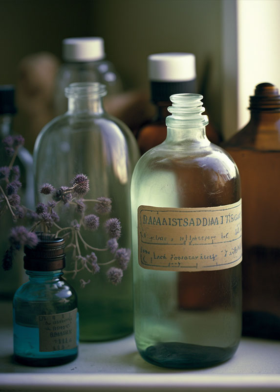 Une scène apaisante dans une salle de bain, remplie de vapeurs d'huiles essentielles qui s'élèvent de différents flacons en verre. Les flacons sont étiquetés avec des noms familiers tels que 