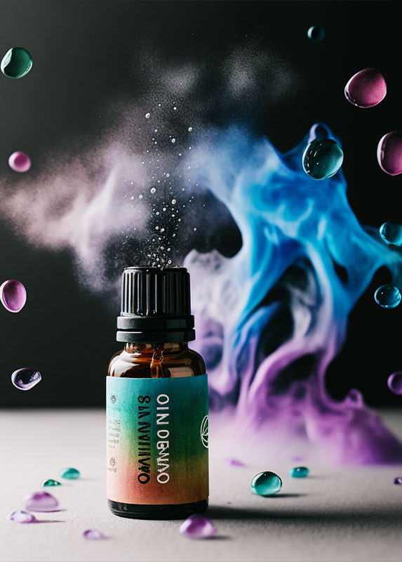 Une scène où des gouttelettes d'huile essentielle de eucalyptus et de menthe poivrée flottent dans l'air, comme des nuages de brouillard coloré. Les vapeurs de ces huiles envahissent chaque recoin de la pièce, chassant les virus et les bactéries de l'air. Des gouttes d'huile s'écrasent sur une souche de virus de la grippe, détruisant les membranes et les protéines, tuant le virus dans un scintillement de lumière arc-en-ciel. Des hommes et des femmes en manteaux blancs de laboratoire sont debout autour de la pièce, dirigeant les vapeurs à l'aide de souffleurs à main, tandis que des machines complexe et futuristes analysent l'air pour détecter et éliminer les particules virales. La pièce est illuminée par des lumières bleues et violettes, créant une atmosphère à la fois hypnotique et scientifique. Les personnages sont concentrés, déterminés à vaincre le virus de la grippe grâce à la puissance des huiles et des vapeurs essentielles.