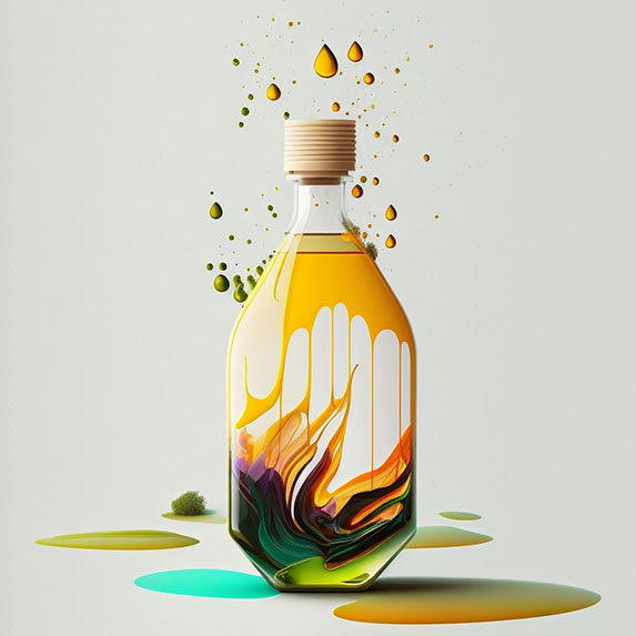 Huiles végétales, nourriture saine, bouteille en verre, gouttes d'huile, lumière naturelle, style minimaliste, inspiré par les illustrations de Charley Harper, texture huileuse, effet de flou en arrière-plan.